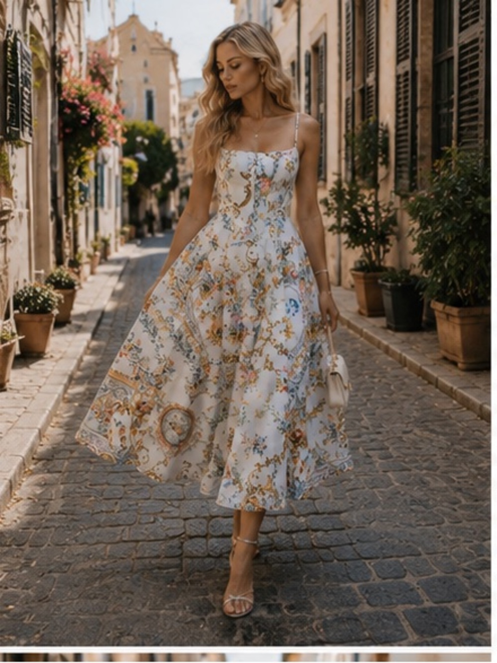 Camilla White Floral-Print Midi Dress with Spaghetti Straps